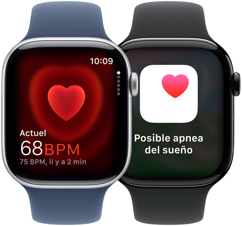 Un Apple Watch Series 10 con la app Frecuencia Cardiaca que muestra una lectura actual de 68 LPM y otro Apple Watch Series 10 con una notificación de apnea del sueño