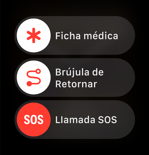 El control de Llamada SOS se muestra junto a los controles de Ficha Médica y la Brújula de Retornar